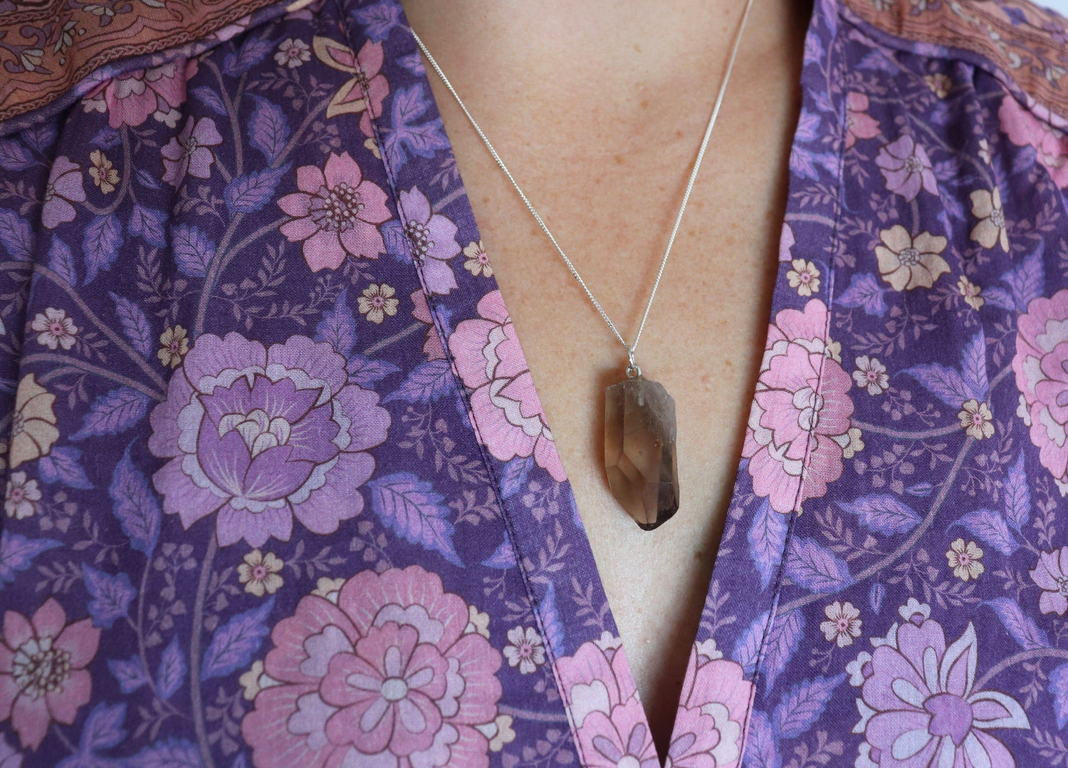 Smokey Quartz Raw Crystal Necklace - Vintage Rose Handmade Jewellery